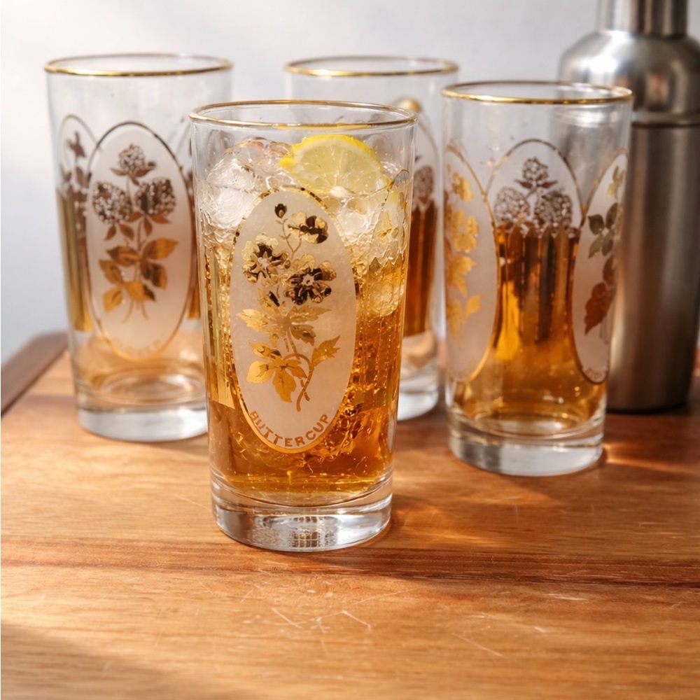 Gold Floral Highball Glasses - Set of 4